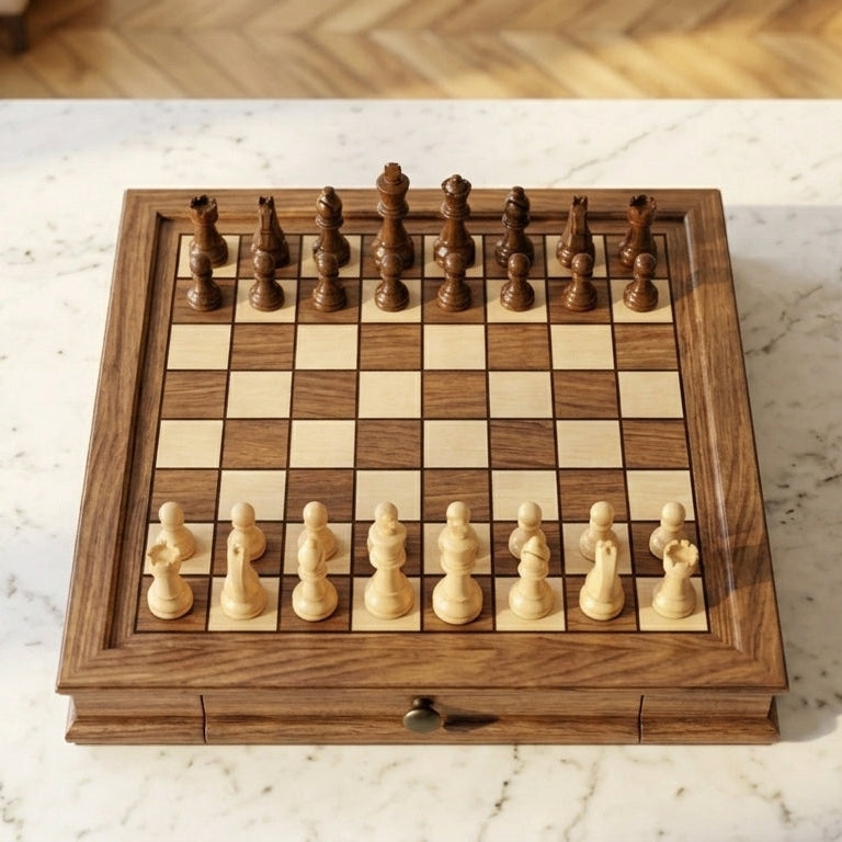 Schachspiel aus Walnussholz mit Schubladen