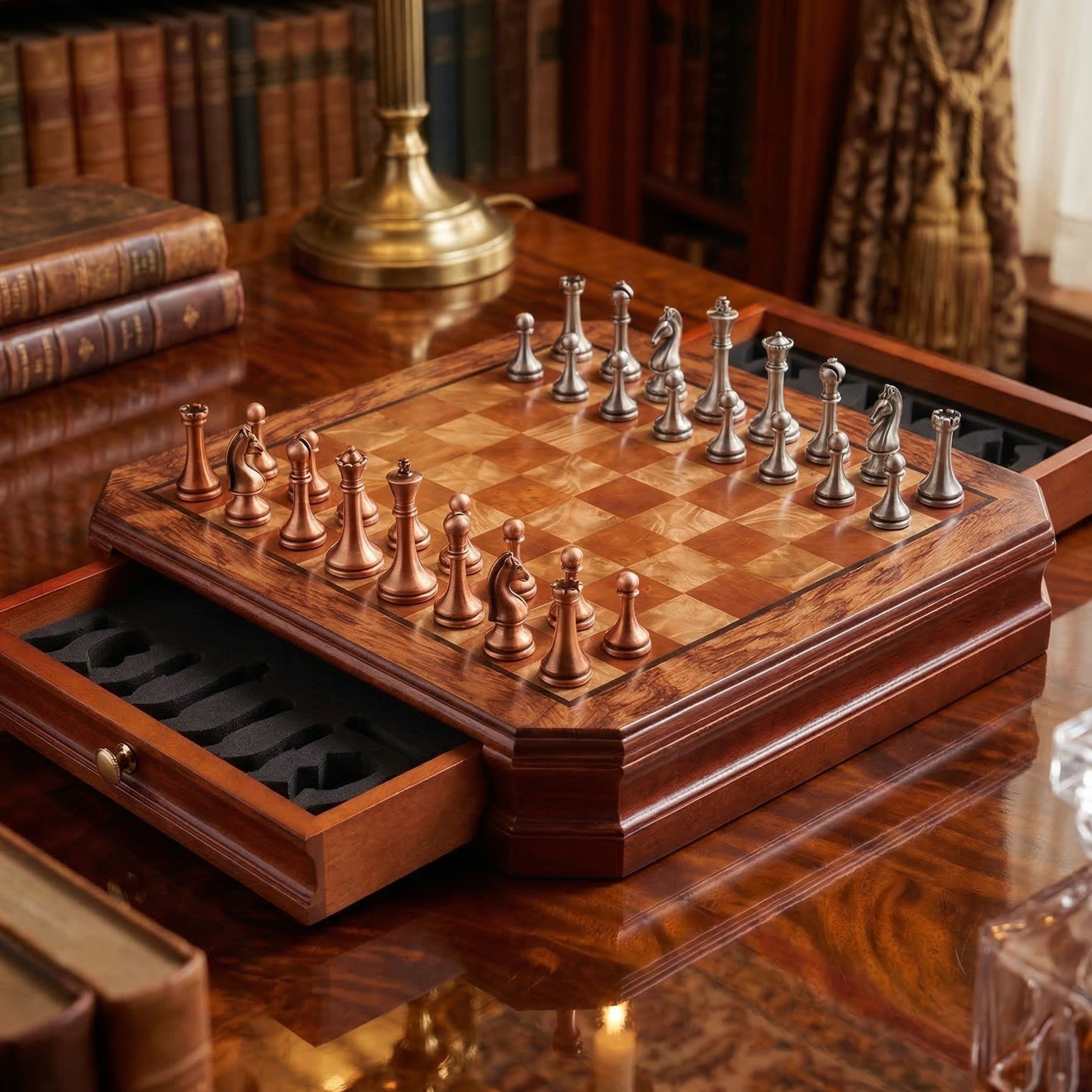 Schachspiel aus Mahagoniholz mit Figuren in Antik-Metalloptik