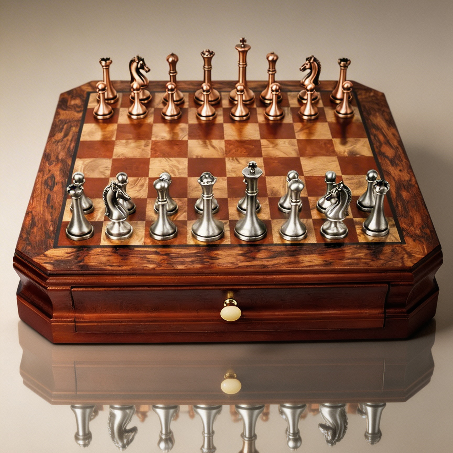 Schachspiel aus Mahagoniholz mit Figuren in Antik-Metalloptik