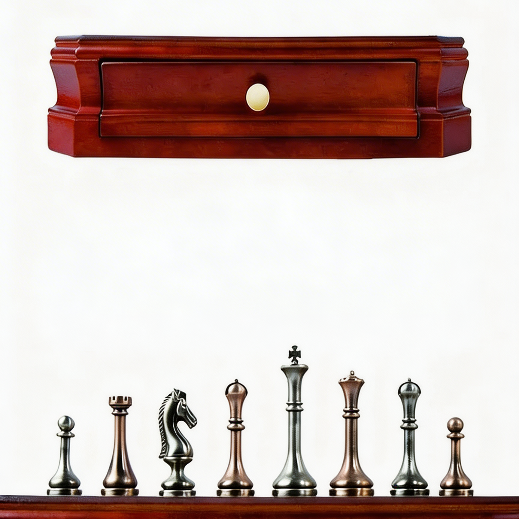 Schachspiel aus Mahagoniholz mit Figuren in Antik-Metalloptik