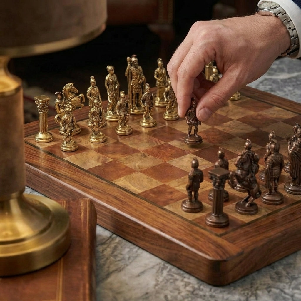 Faltbares Schachspiel aus Mahagoniholz mit Messingfiguren
