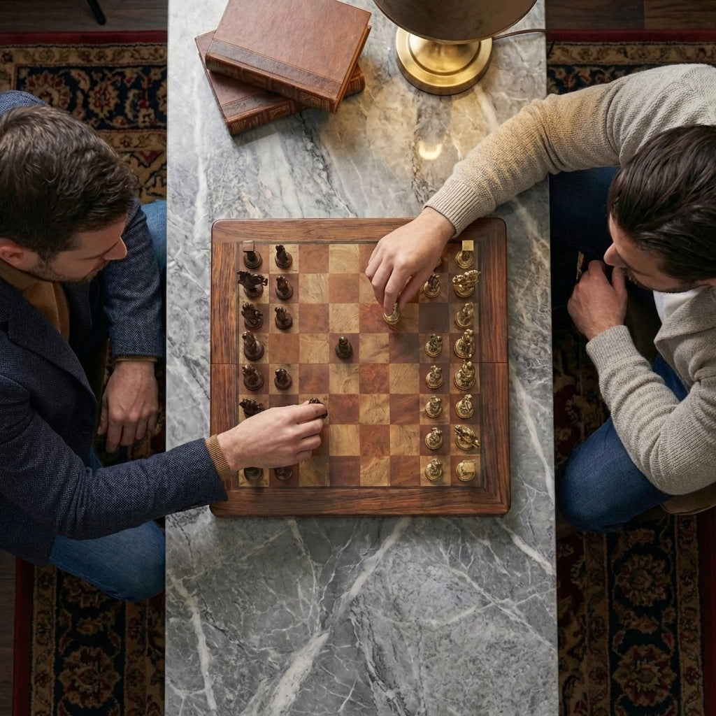 Faltbares Schachspiel aus Mahagoniholz mit Messingfiguren