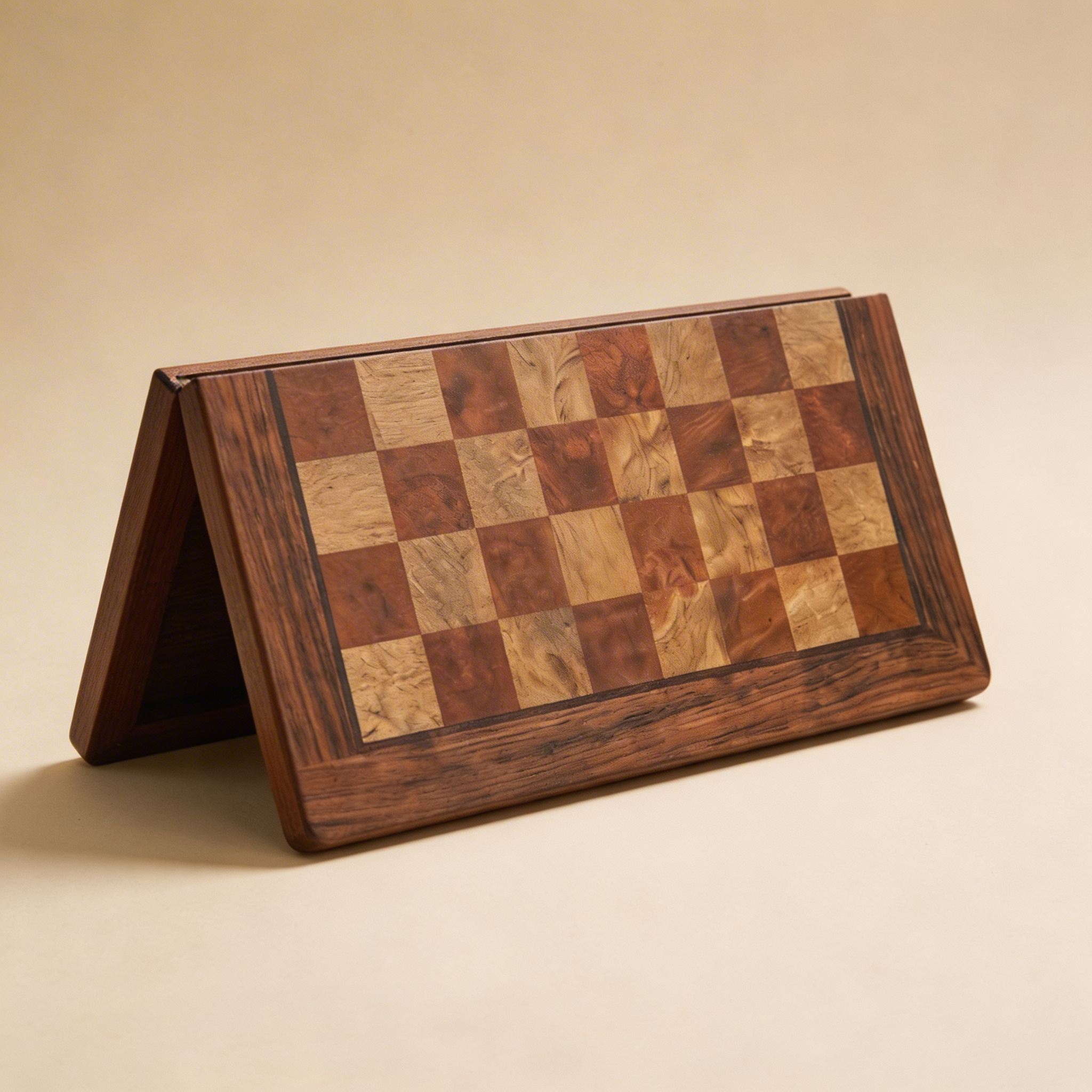 Faltbares Schachspiel aus Mahagoniholz mit Messingfiguren