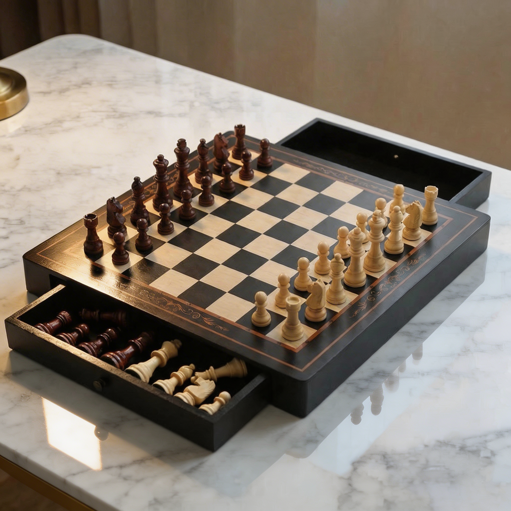 Magnetisches Schachspiel mit Schubladen aus Walnuss und Ahorn