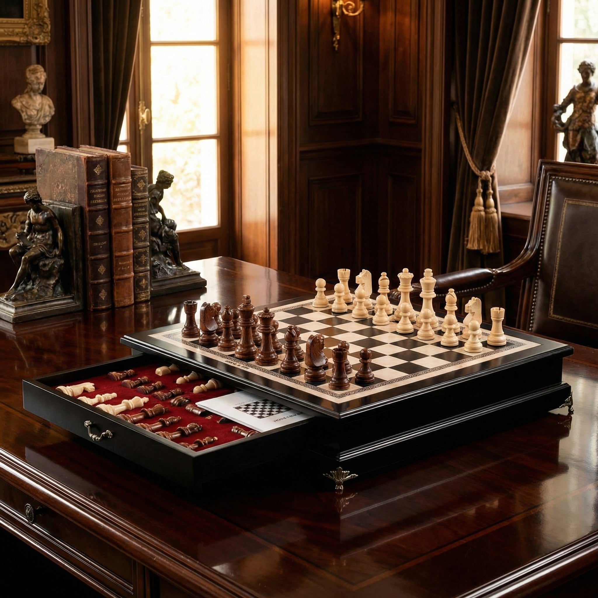 Schachspiel mit Schublade aus Olivenholz