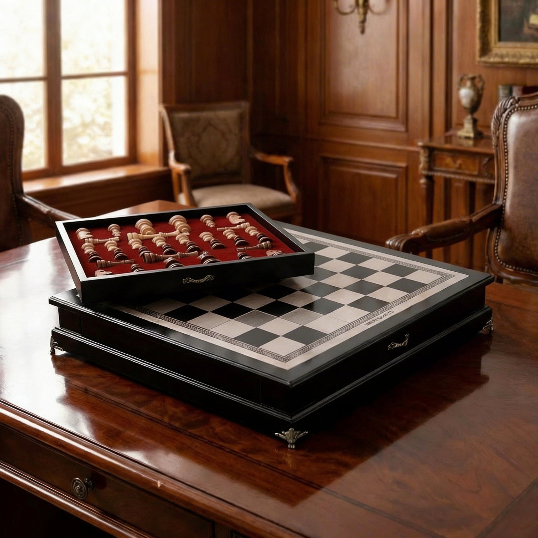 Schachspiel mit Schublade aus Olivenholz