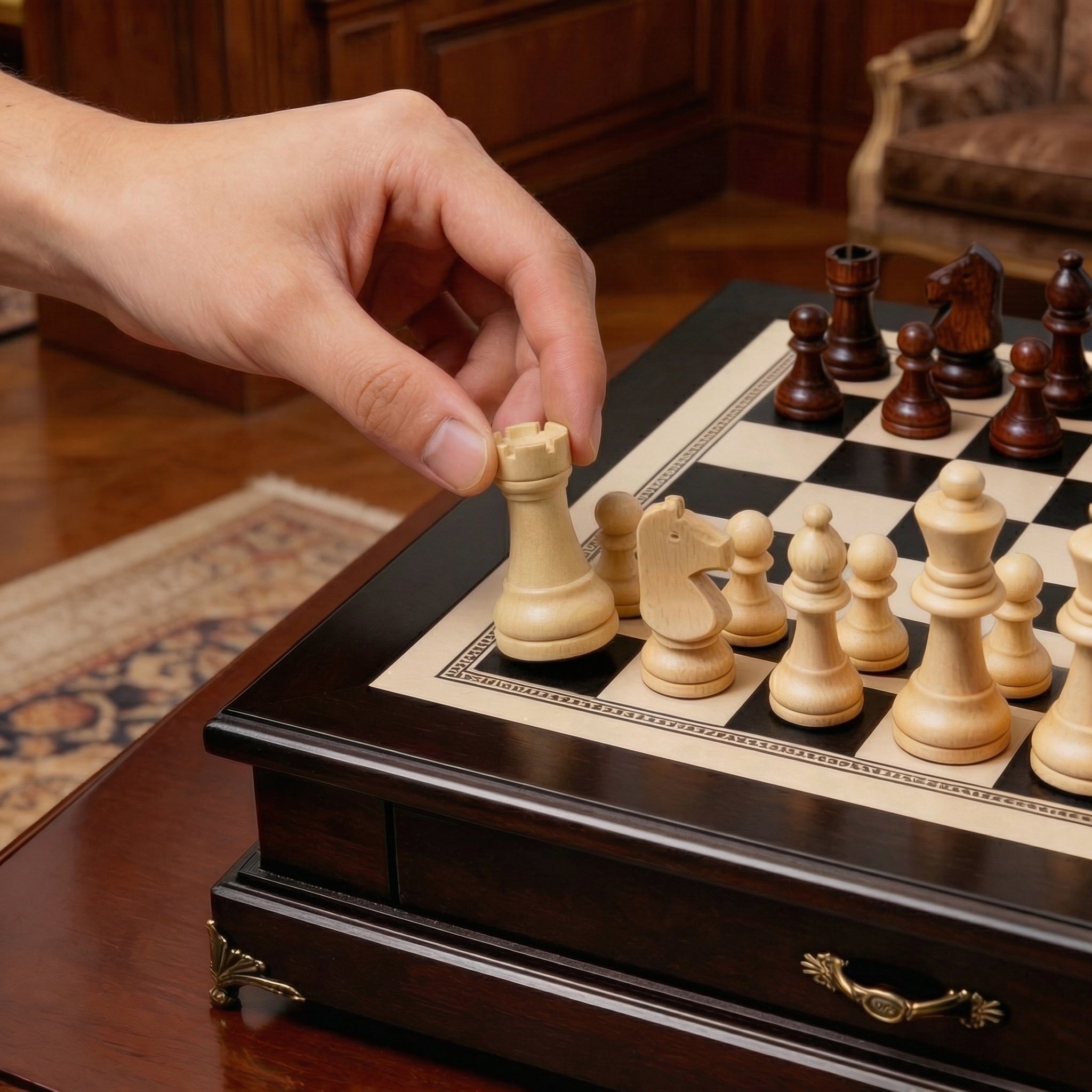 Schachspiel mit Schublade aus Olivenholz