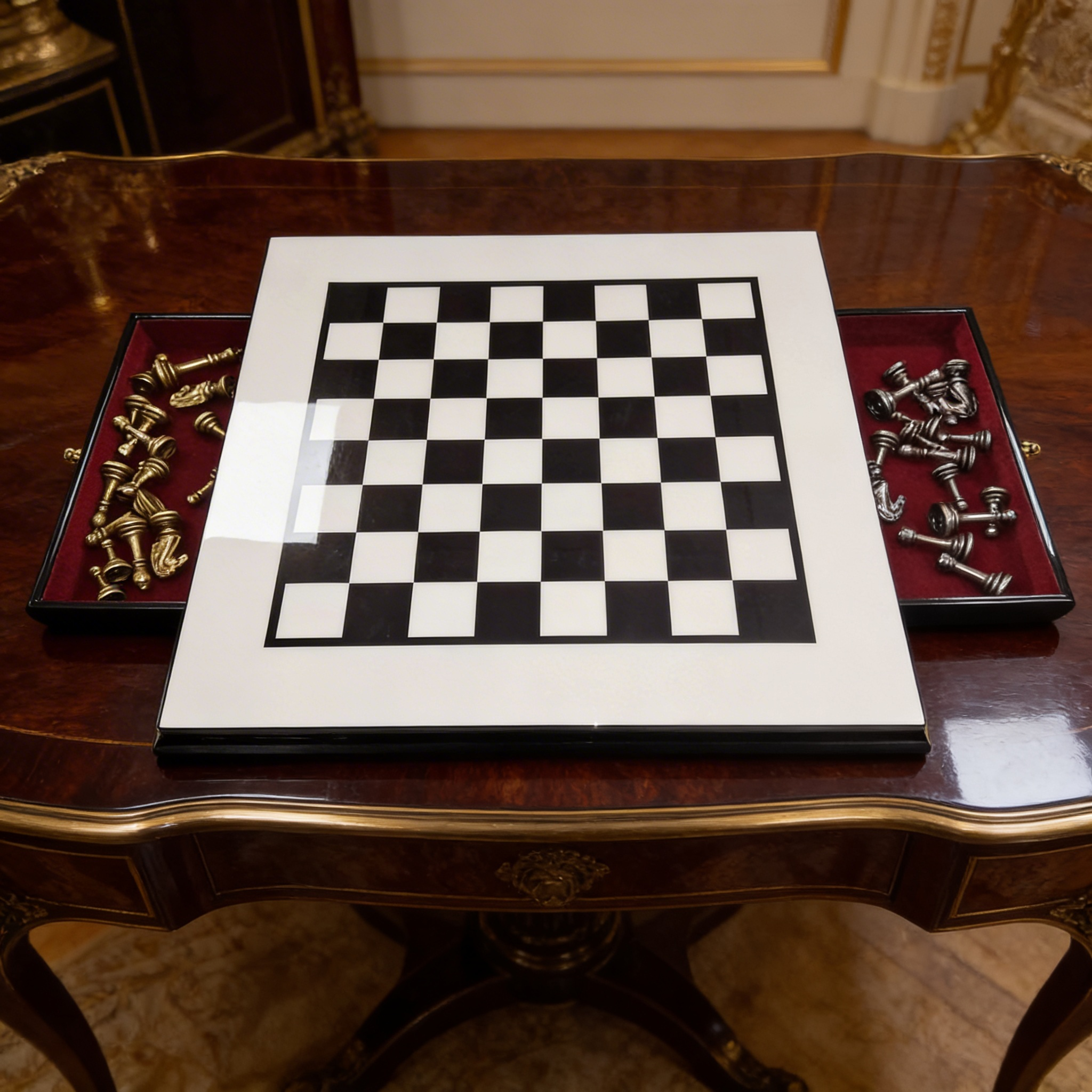 Schachspiel mit Schublade aus Buchsbaum und Ebenholz