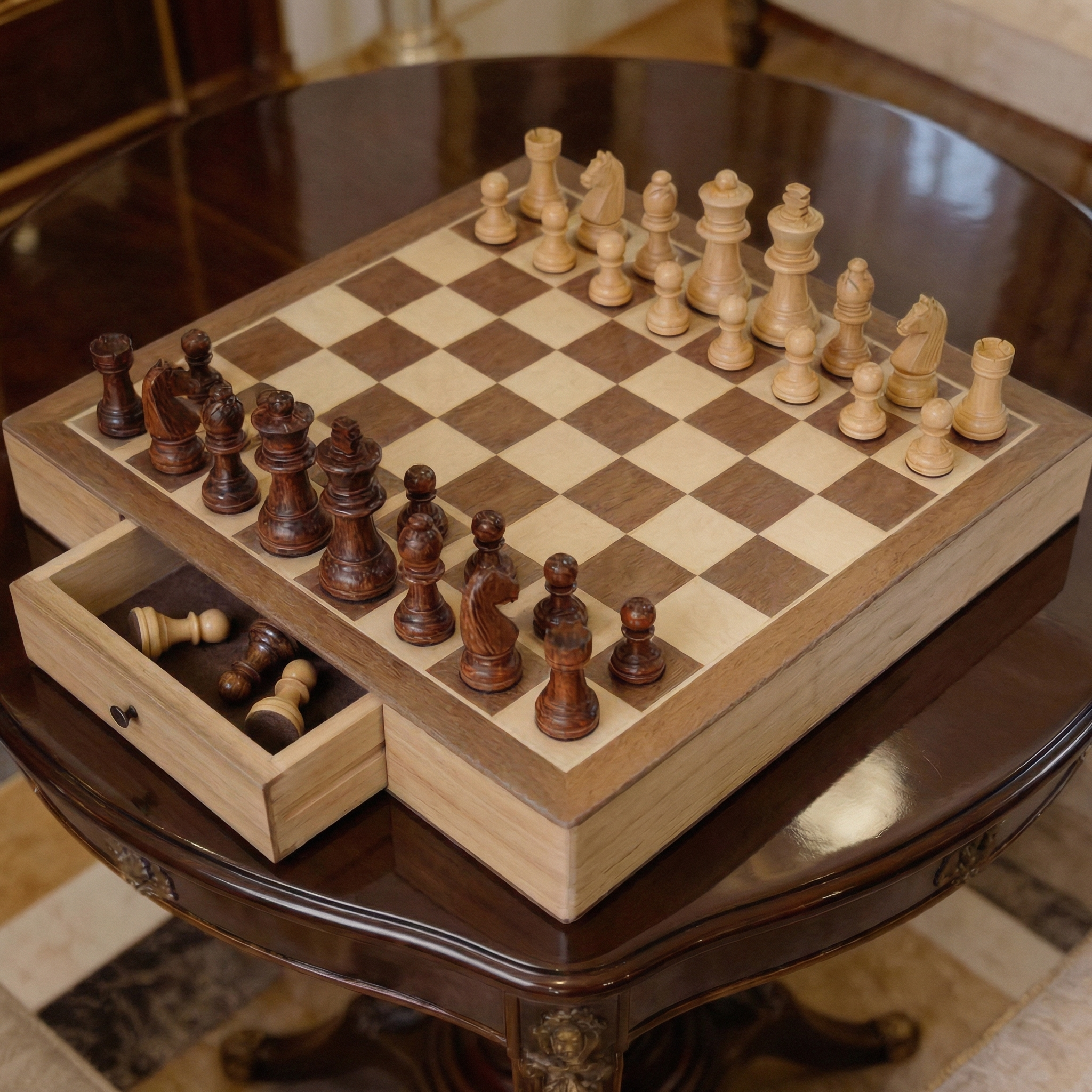 Klassisches Schachspiel mit Schublade aus Ahornholz