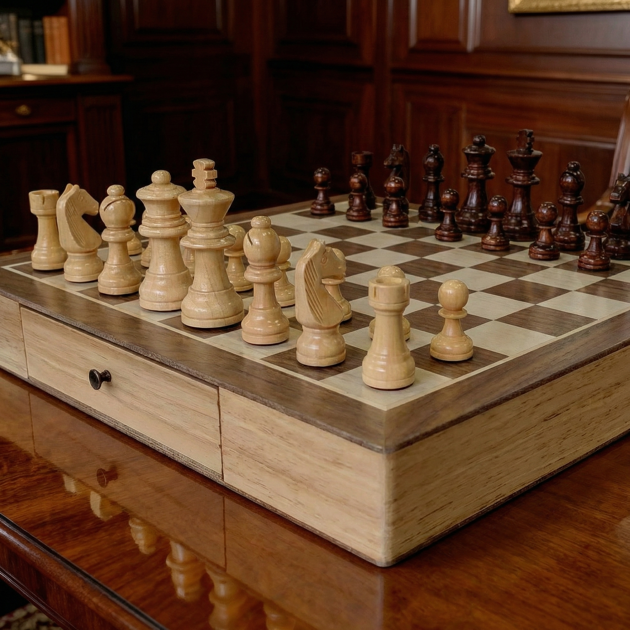 Klassisches Schachspiel mit Schublade aus Ahornholz